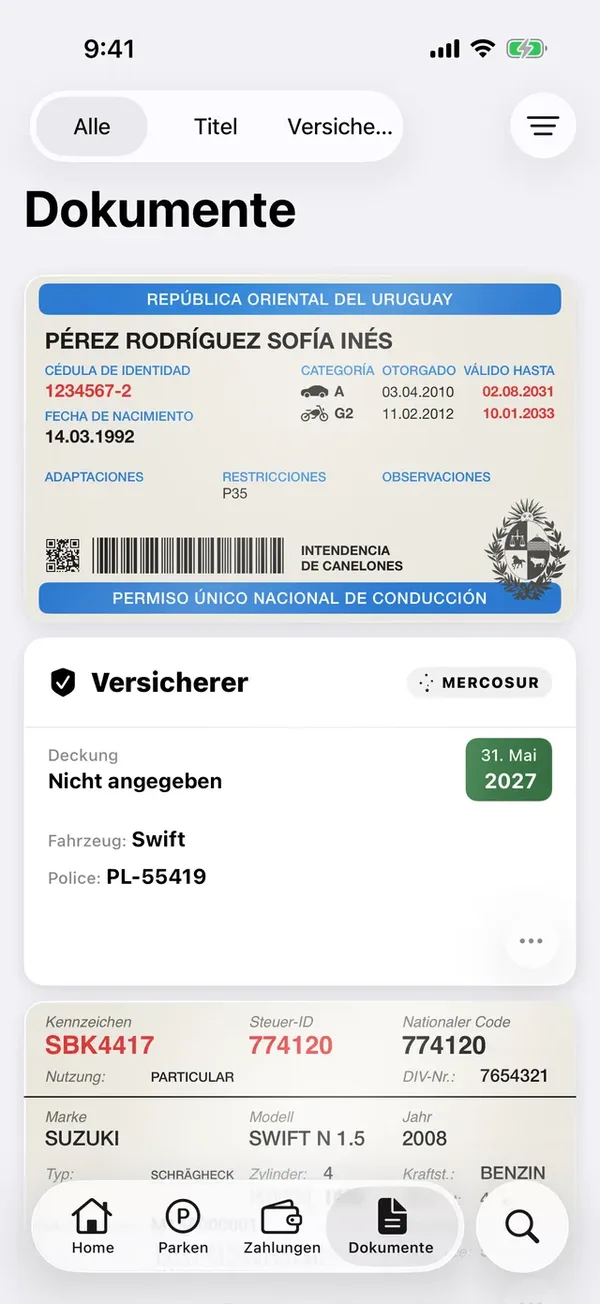 Der Tab Dokumente mit Führerschein, einer Police und einem Fahrzeugschein