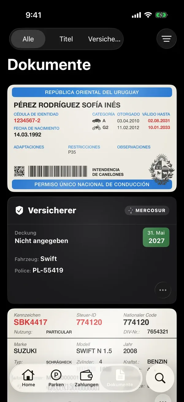 Der Tab Dokumente mit Führerschein, einer Police und einem Fahrzeugschein