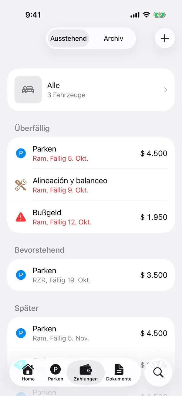 Der Tab Zahlungen mit den offenen Posten aller Fahrzeuge