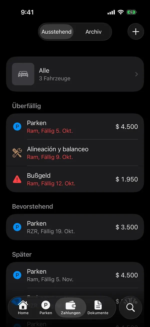 Der Tab Zahlungen mit den offenen Posten aller Fahrzeuge