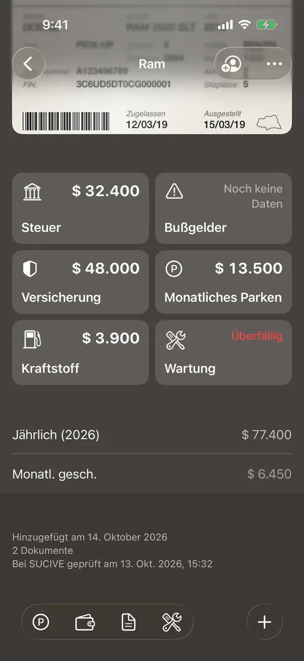 Die Kacheln für Steuer, Bußgelder, Versicherung, Parken, Kraftstoff und Services