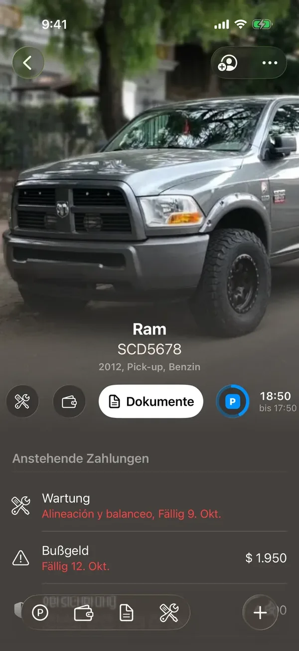 Die Seite eines Fahrzeugs mit Foto, Buttons und anstehenden Zahlungen