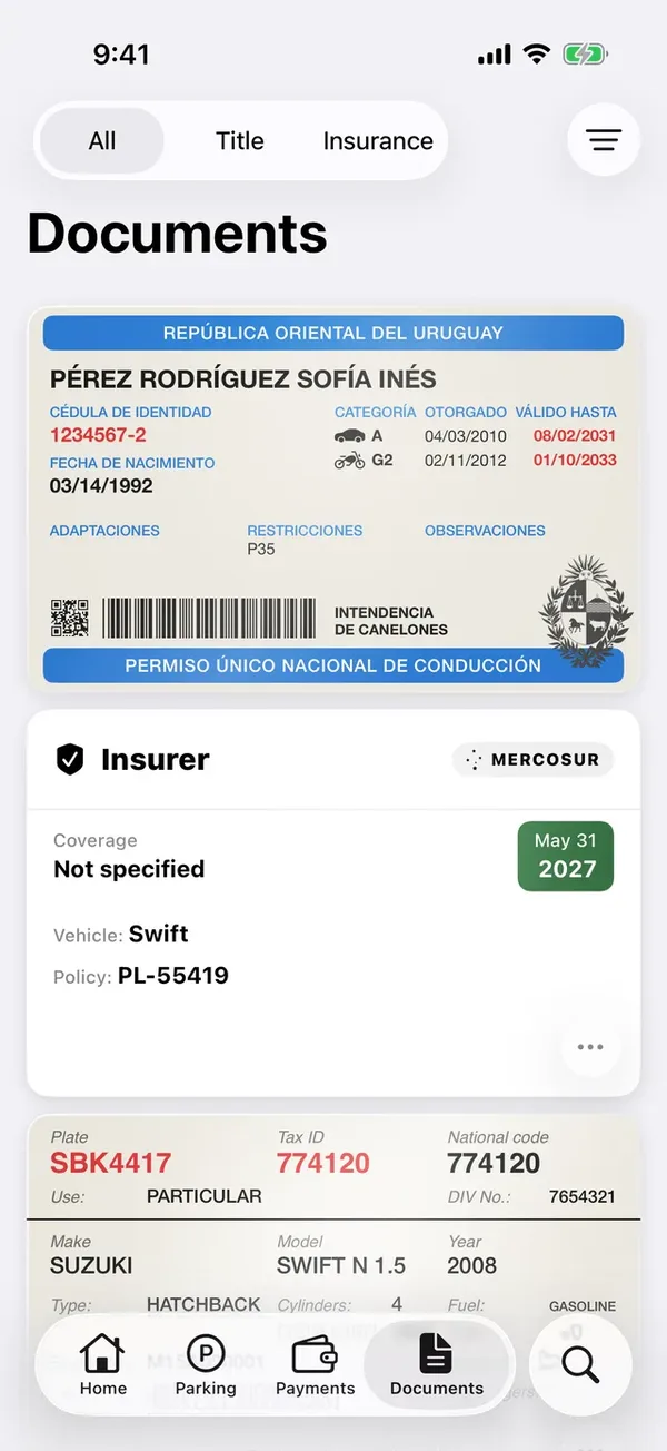 The Documents tab with the driver’s license, a policy and a registration card