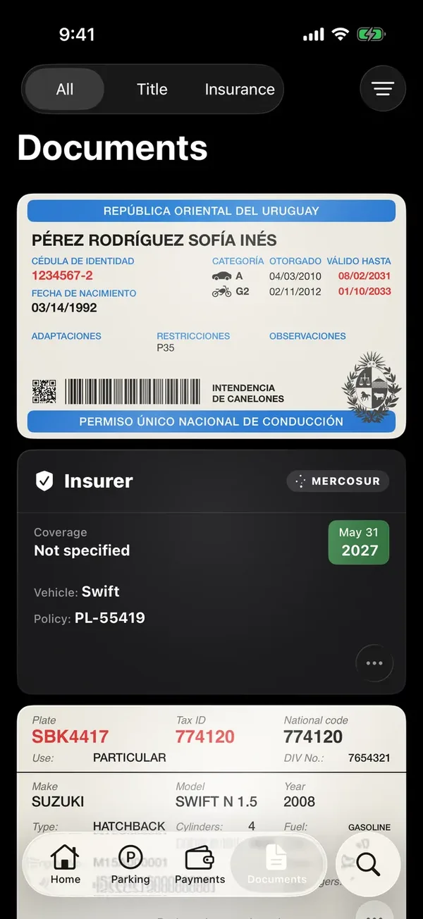 The Documents tab with the driver’s license, a policy and a registration card