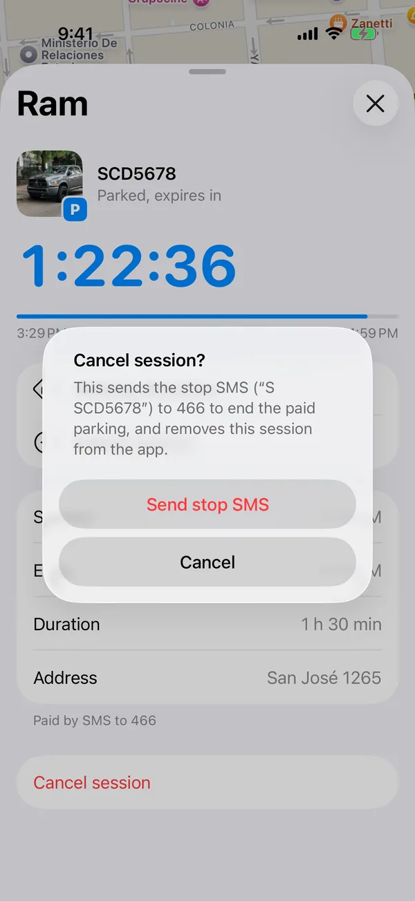The Cancel session alert with Send stop SMS