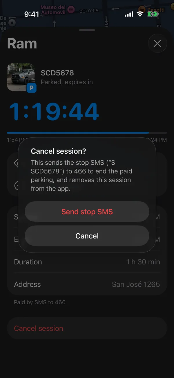 The Cancel session alert with Send stop SMS