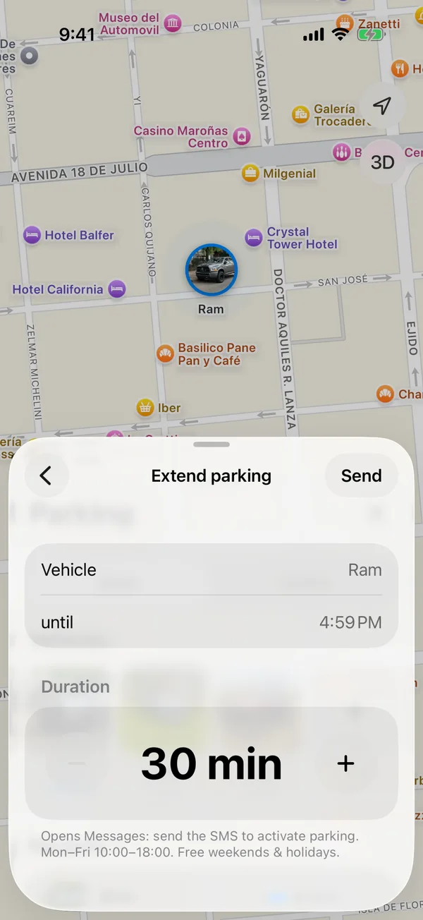The Extend parking screen with the duration