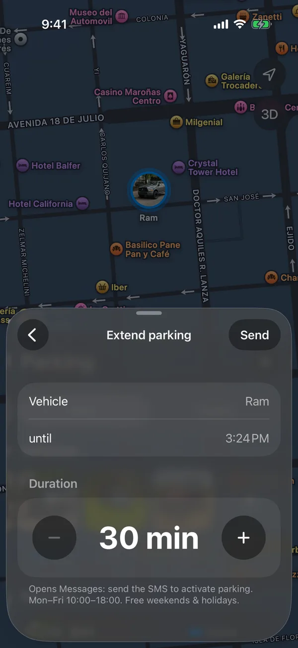 The Extend parking screen with the duration