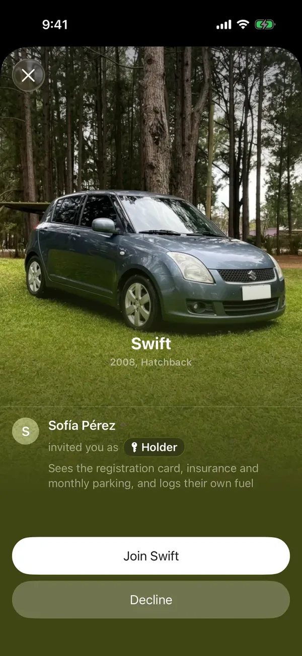 An invitation to a vehicle with the role and the Join button