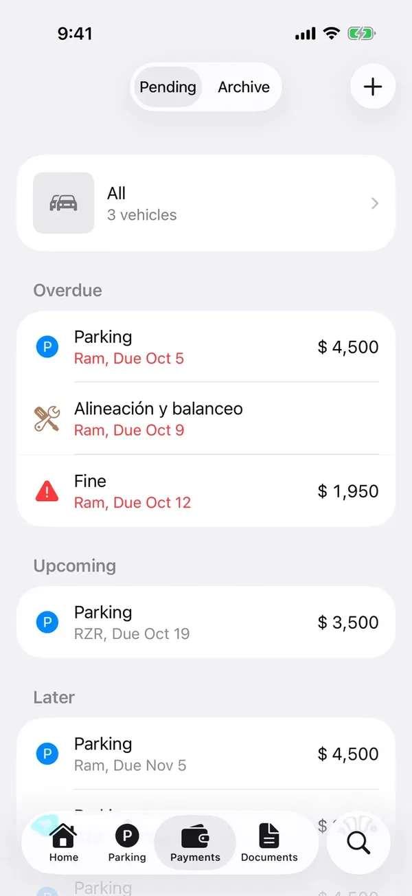 The Payments tab with every vehicle’s pending payments