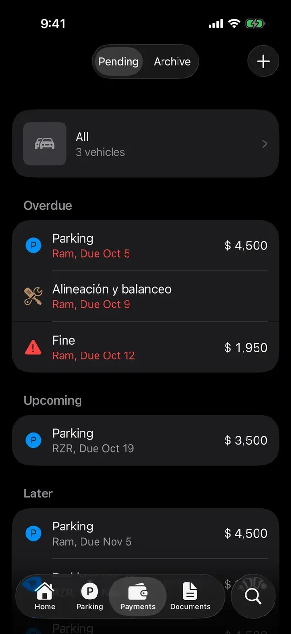 The Payments tab with every vehicle’s pending payments
