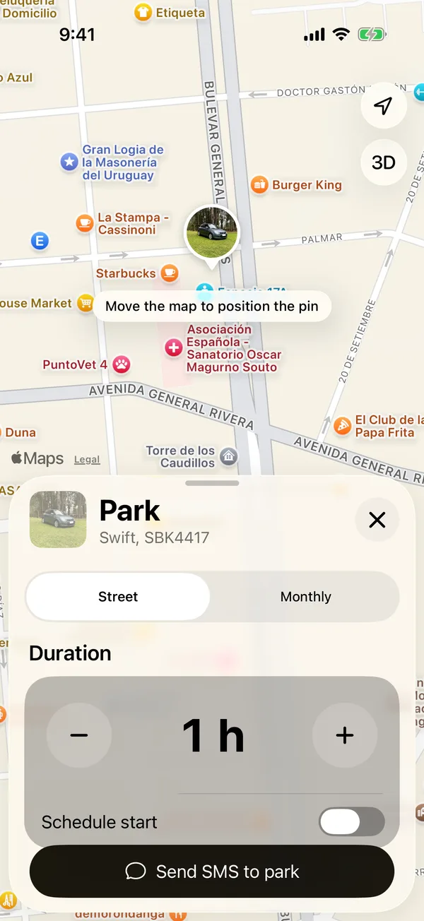 The parking form with the pin on the map and the duration