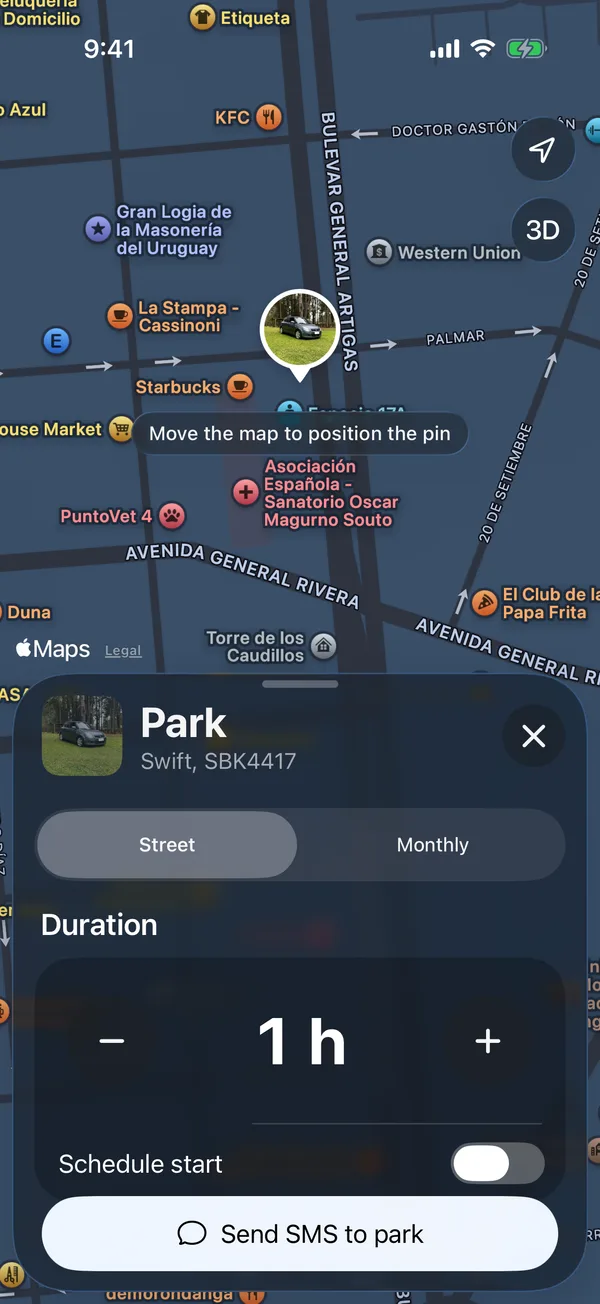 The parking form with the pin on the map and the duration