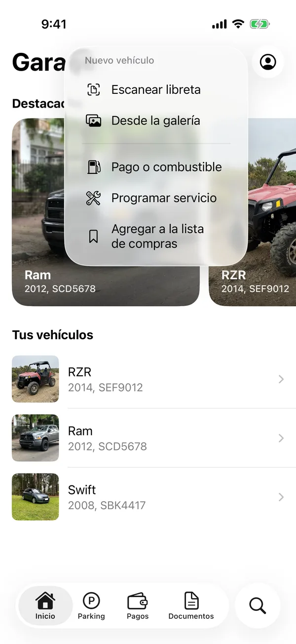 The + menu on Home with Scan registration and From photo library