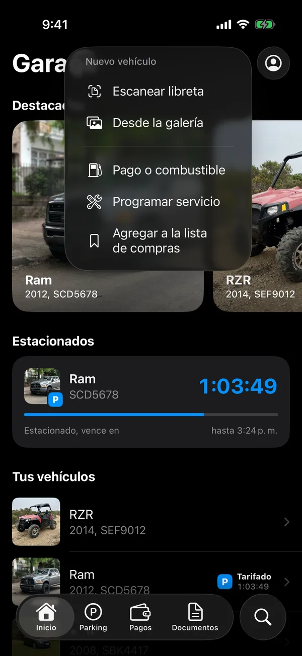 The + menu on Home with Scan registration and From photo library