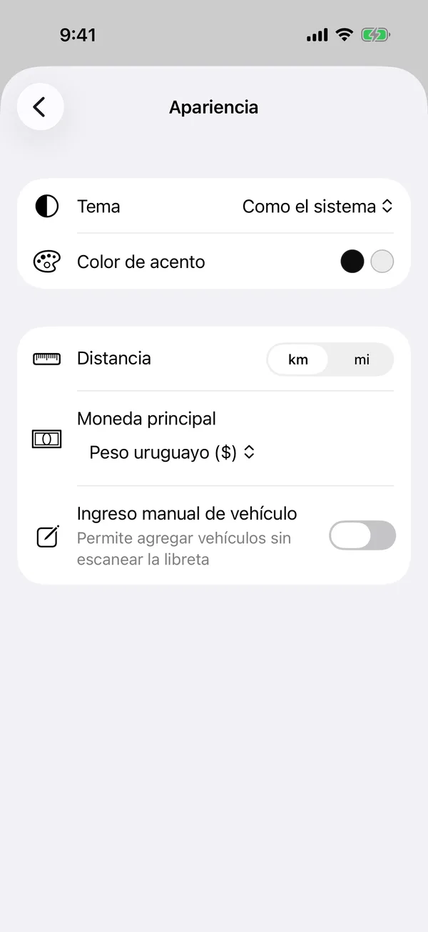 The Look & feel screen with the theme, the distance and the main currency