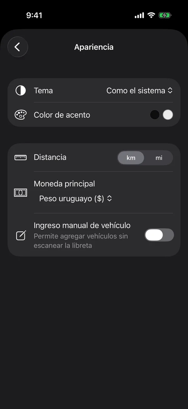 The Look & feel screen with the theme, the distance and the main currency