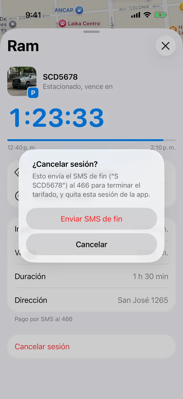 El aviso Cancelar sesión con Enviar SMS de fin