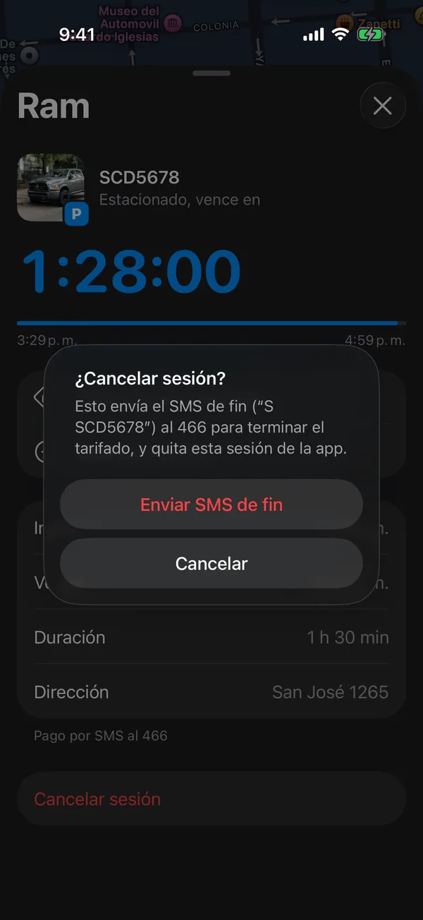 El aviso Cancelar sesión con Enviar SMS de fin