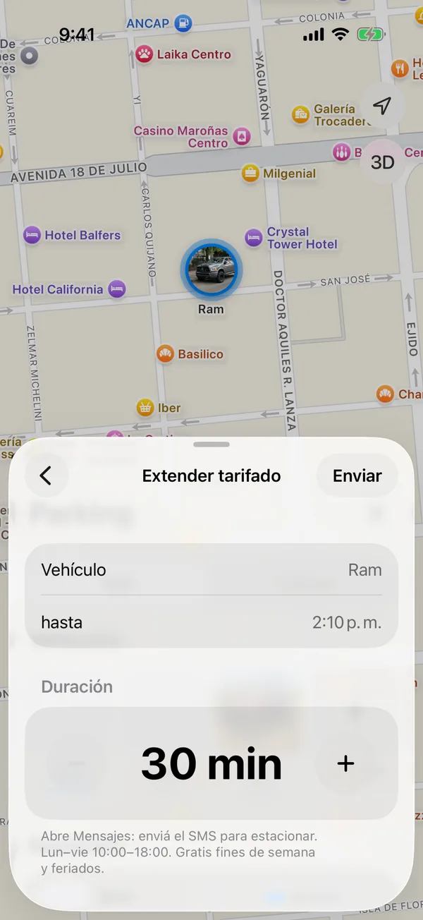 La pantalla Extender tarifado con la duración