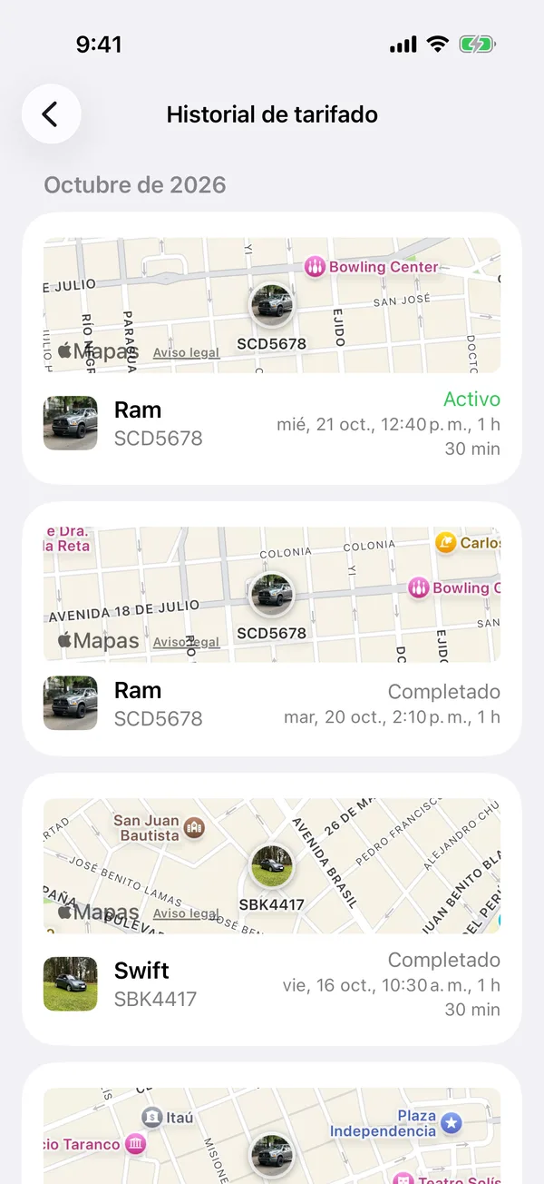 El historial de tarifado con una tarjeta por sesión