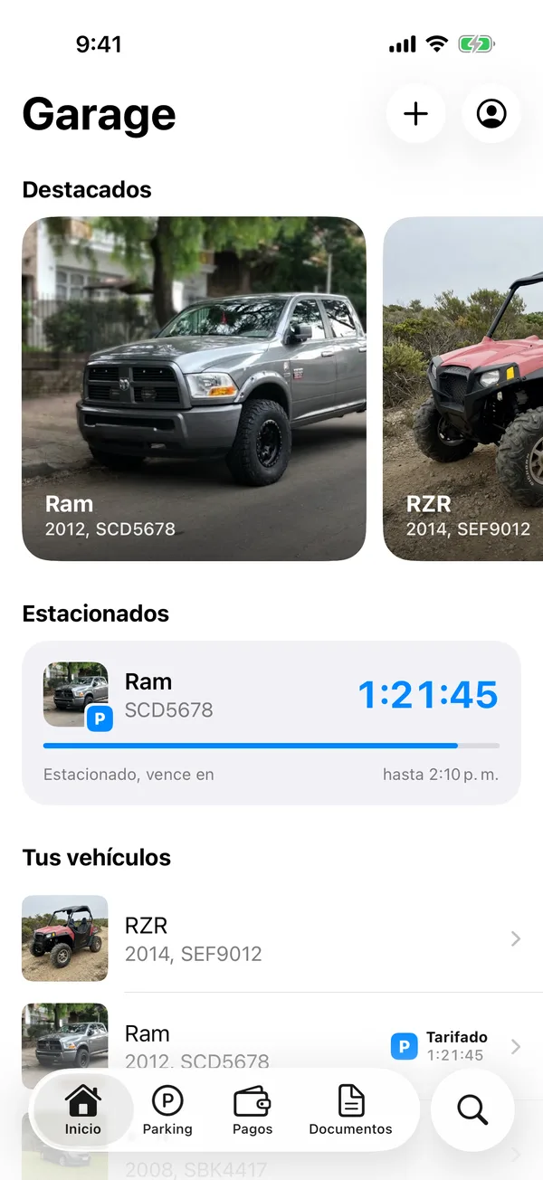 Inicio con la sección Estacionados