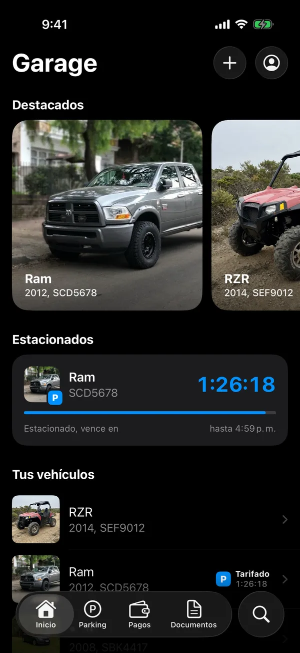 Inicio con la sección Estacionados