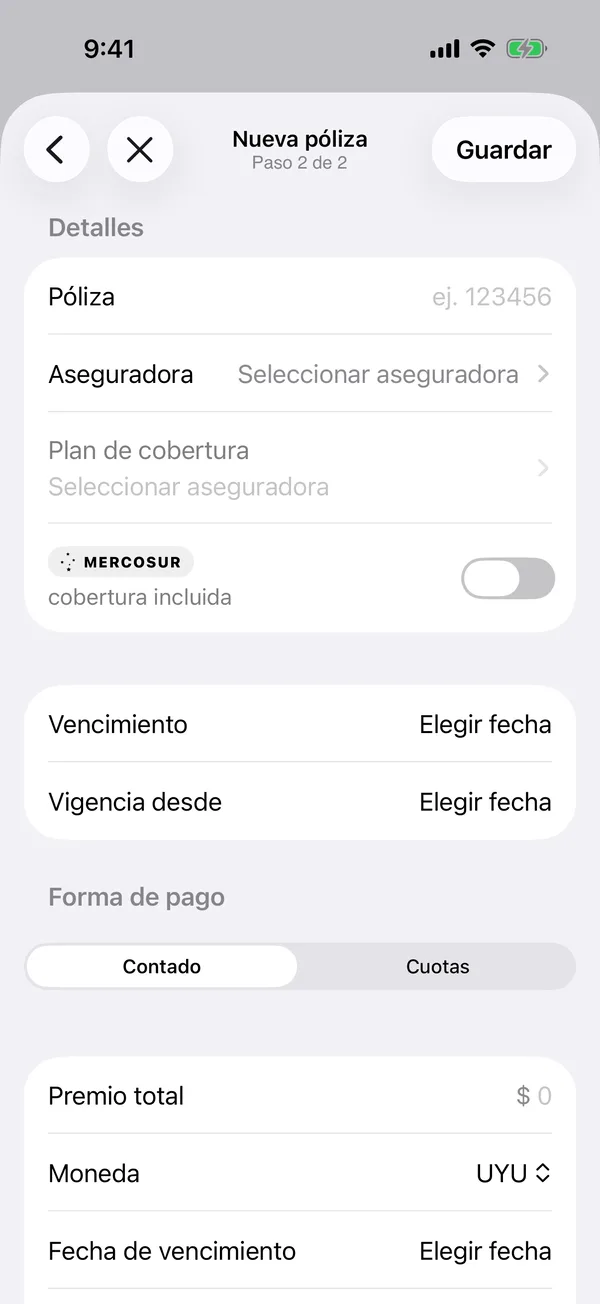 O formulário Nova apólice com a seguradora, o plano e as datas