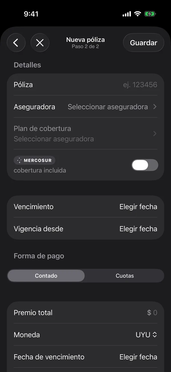 O formulário Nova apólice com a seguradora, o plano e as datas