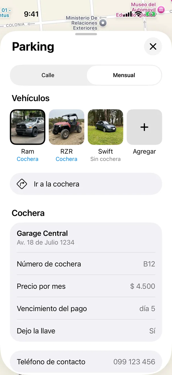 Una cochera guardada con Ir a la cochera y sus datos