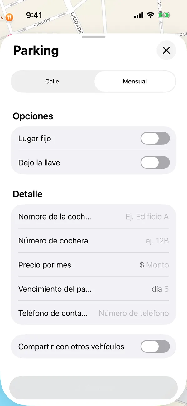 El formulario de cochera mensual con Opciones y Detalle