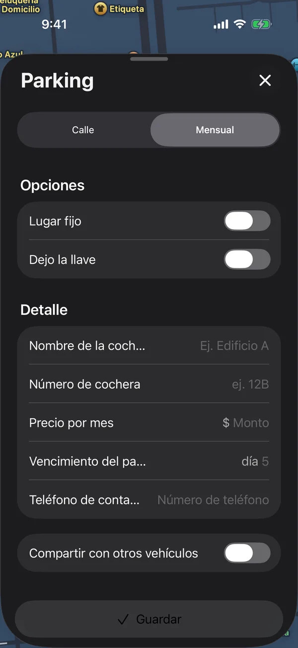 El formulario de cochera mensual con Opciones y Detalle