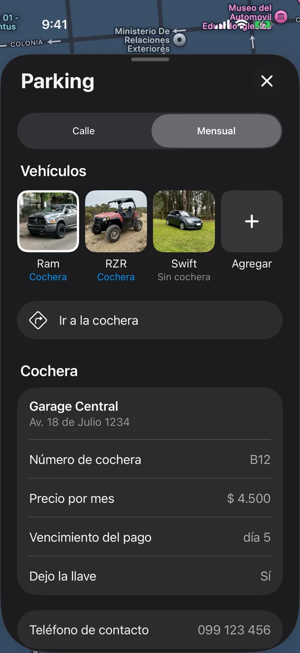 Una cochera guardada con Ir a la cochera y sus datos