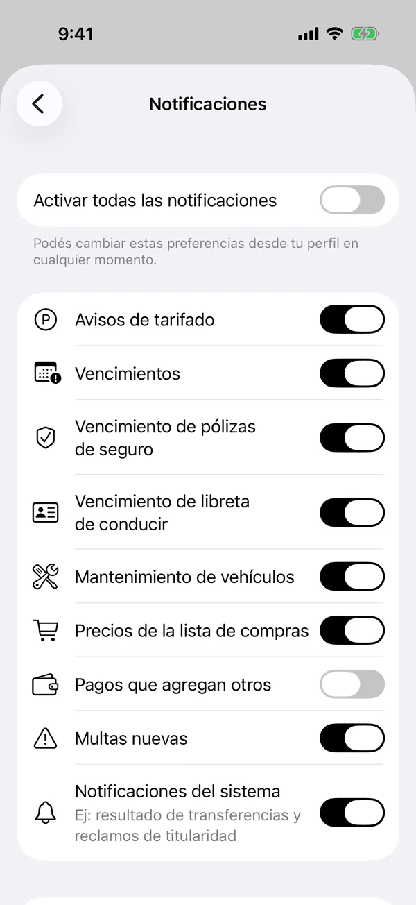 The Notifications screen with a switch for each kind of alert