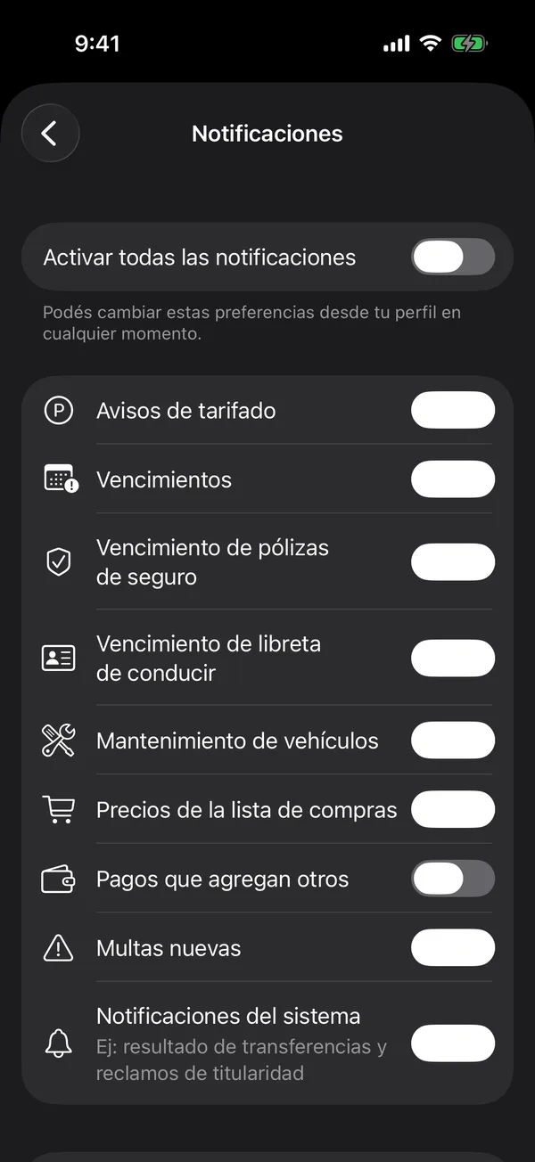 The Notifications screen with a switch for each kind of alert