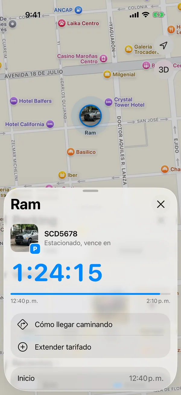 Un vehículo estacionado con el tiempo que queda, Cómo llegar caminando y Extender tarifado