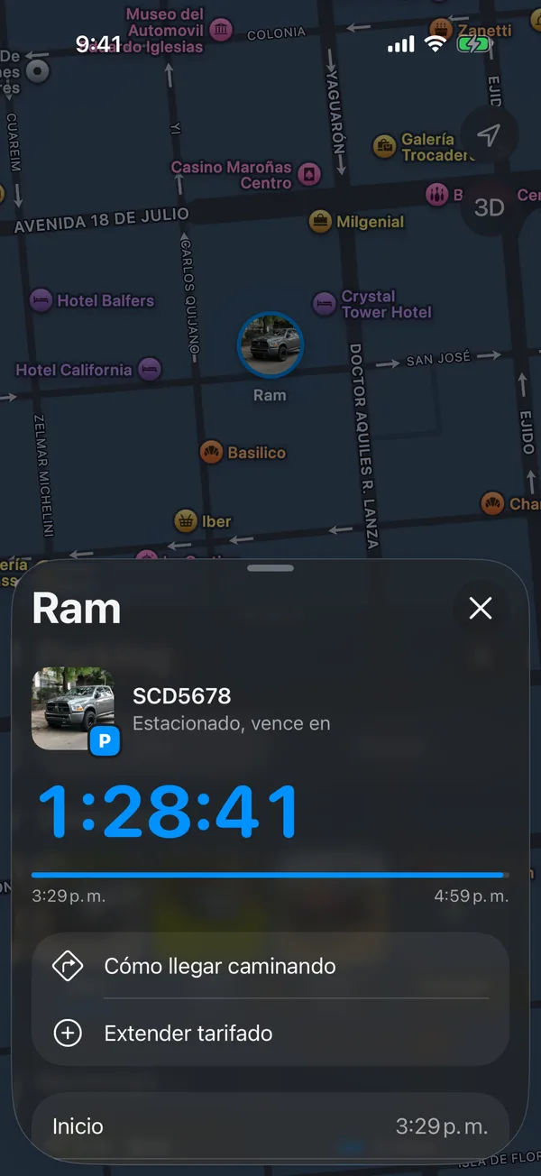 Un vehículo estacionado con el tiempo que queda, Cómo llegar caminando y Extender tarifado