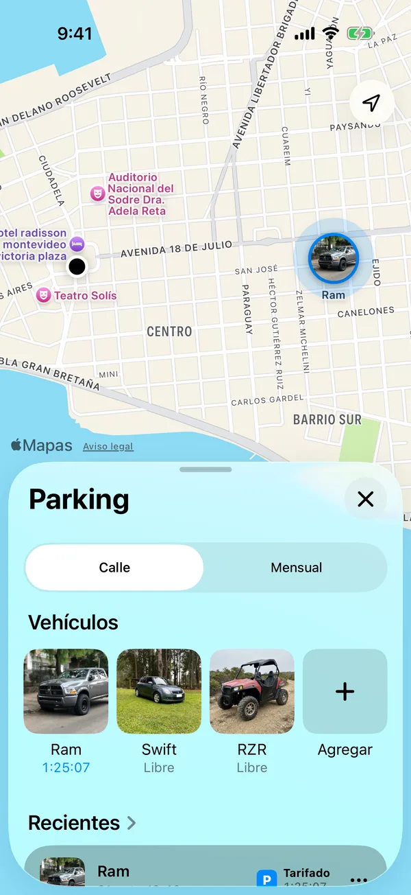 La pestaña Parking con los vehículos y el que está estacionado