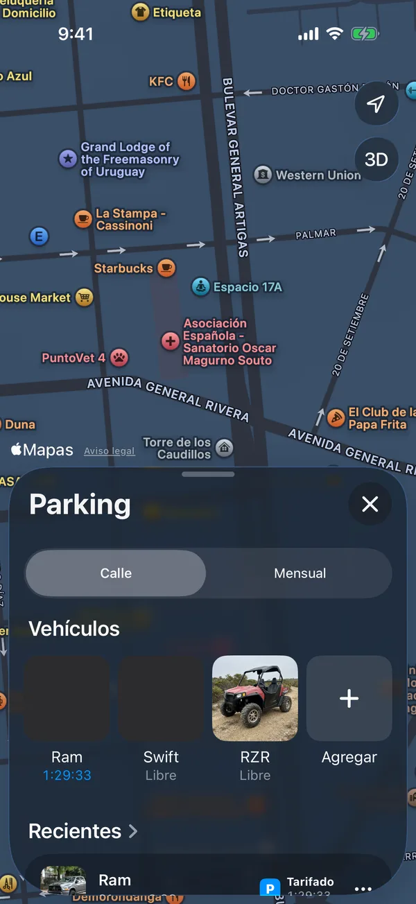 La pestaña Parking con los vehículos y el que está estacionado