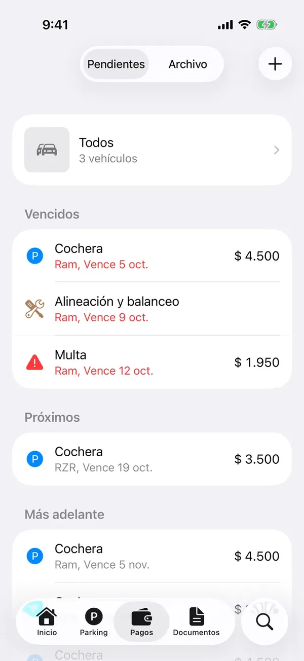 La pestaña Pagos con los pendientes de todos los vehículos