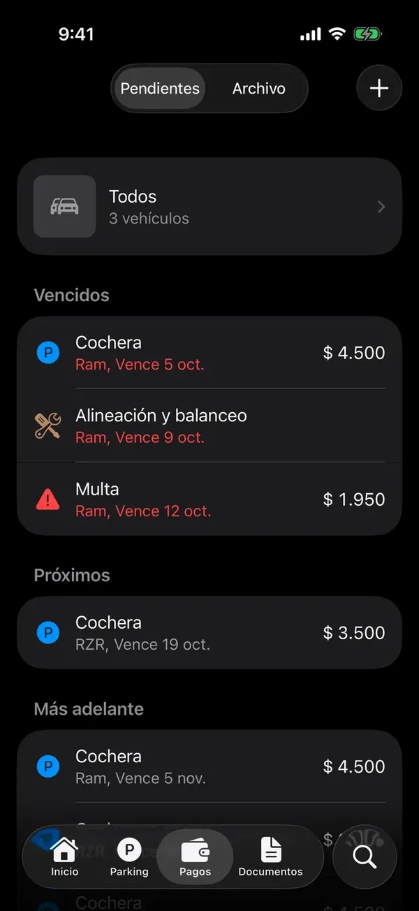La pestaña Pagos con los pendientes de todos los vehículos