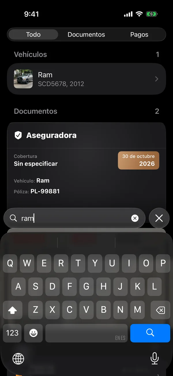 Search results in GarageApp