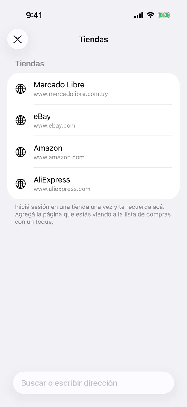 Der Bildschirm Shops mit Mercado Libre, eBay, Amazon und AliExpress