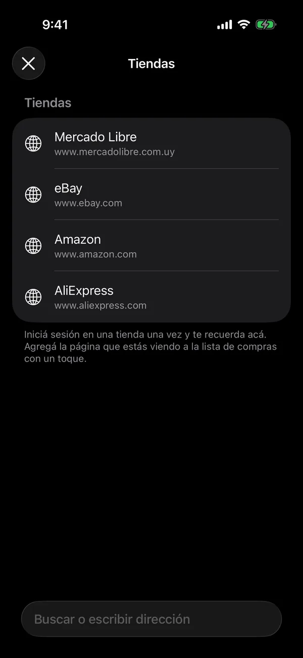 Der Bildschirm Shops mit Mercado Libre, eBay, Amazon und AliExpress