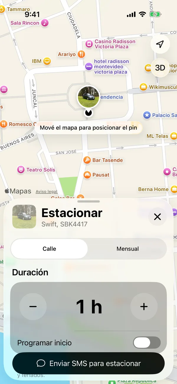 El formulario para estacionar con el pin en el mapa y la duración