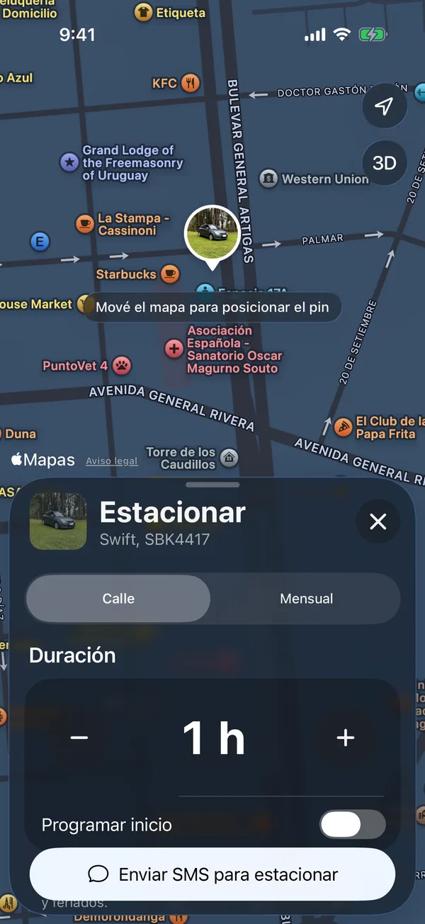 El formulario para estacionar con el pin en el mapa y la duración