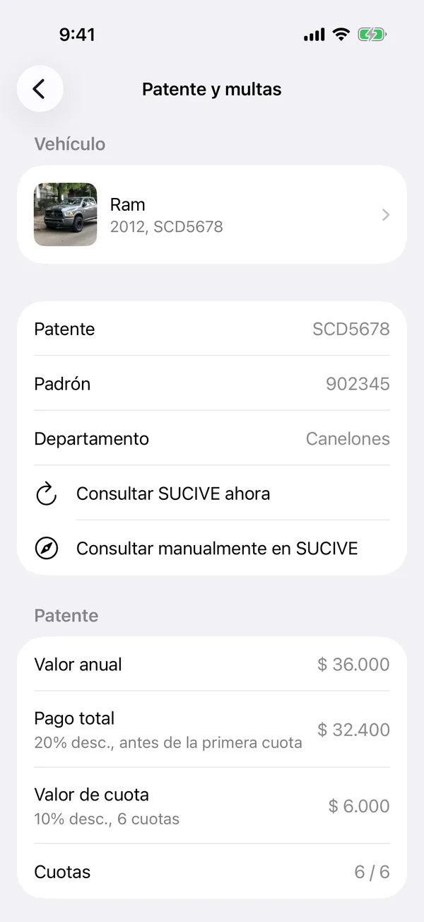 La pantalla Patente y multas con el valor anual, las cuotas y la deuda