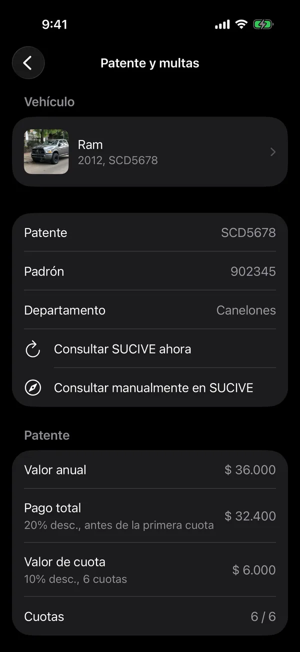 La pantalla Patente y multas con el valor anual, las cuotas y la deuda