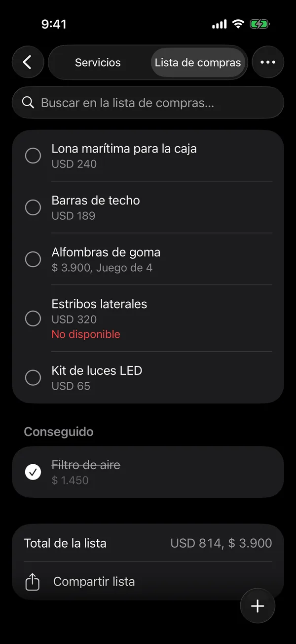 La lista de compras de un vehículo con sus artículos y precios