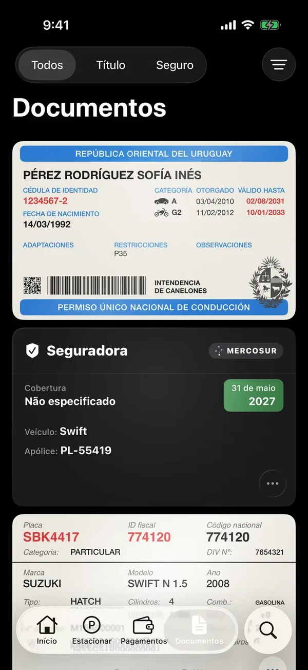 A aba Documentos com a carteira de motorista, uma apólice e um documento